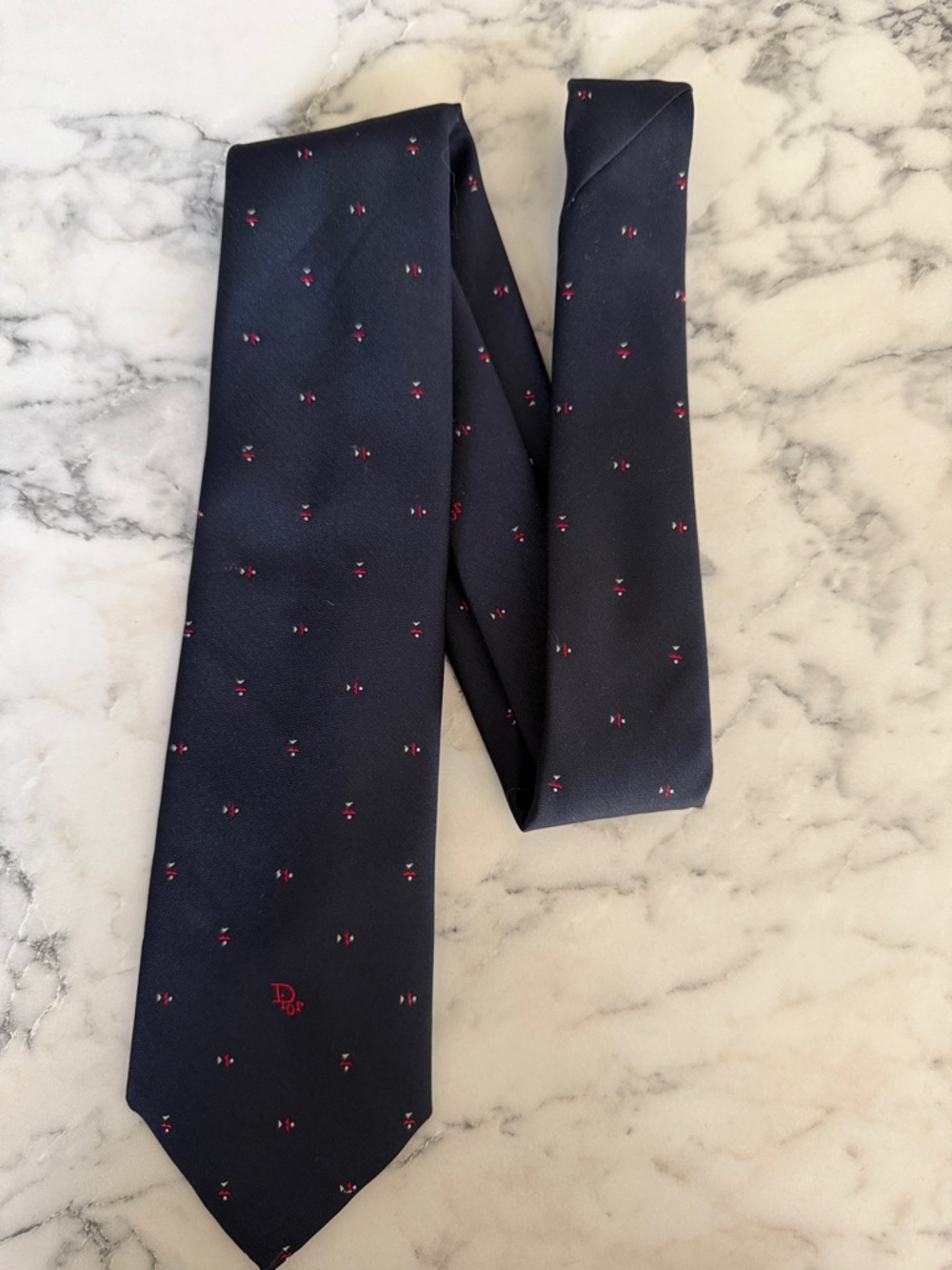 Dior Navy Tie with Red Micro-Dot Pattern